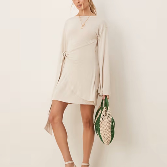 ASOS DESIGN linen look long sleeve wrap detail mini dress in ivory - Picture 1 of 4